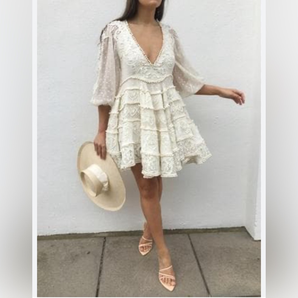 White embroidered appliqué mini dress size S